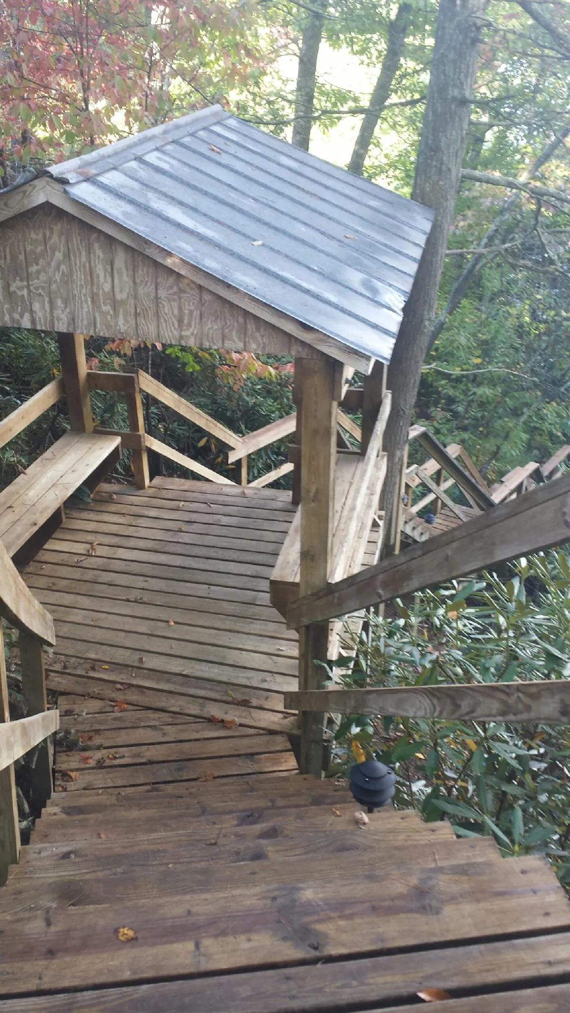 Metal roofed shelter over wooden steps on a wooded walkway — Skylight Repair & Installation work by our crew in Halstead